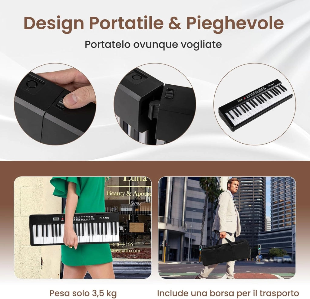Pianoforte Elettronico Pieghevole a 88 Tasti, Piano Digitale con MIDI, 1000 Ritmi, 1000 Timbri, 150 Canzoni Demo, Registrazione, Batteria e Borsa da Trasporto per Bambini (Nero)