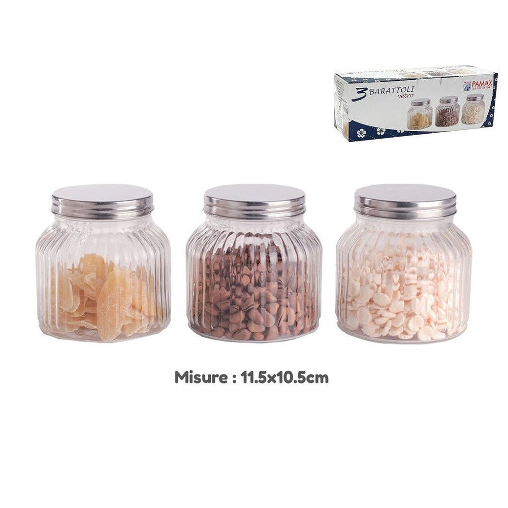 Trade Shop - Set 3 Tris Barattoli Vetro Coperchio Alluminio Contenitori Biscotti 11.5x10.5cm -