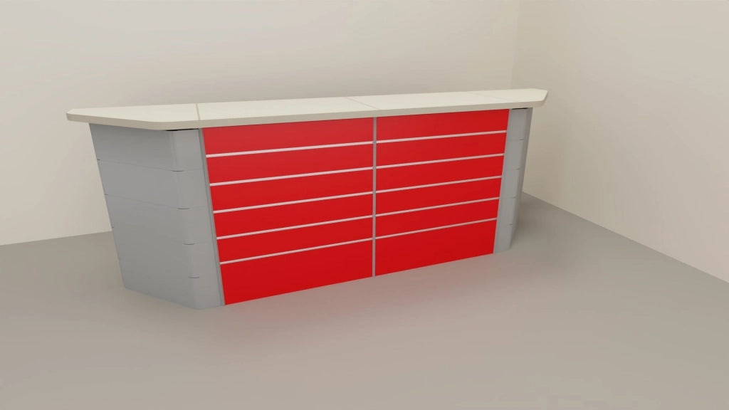Banco cassa espositivo da negozio con pannello dogato cm. 368x64x106h