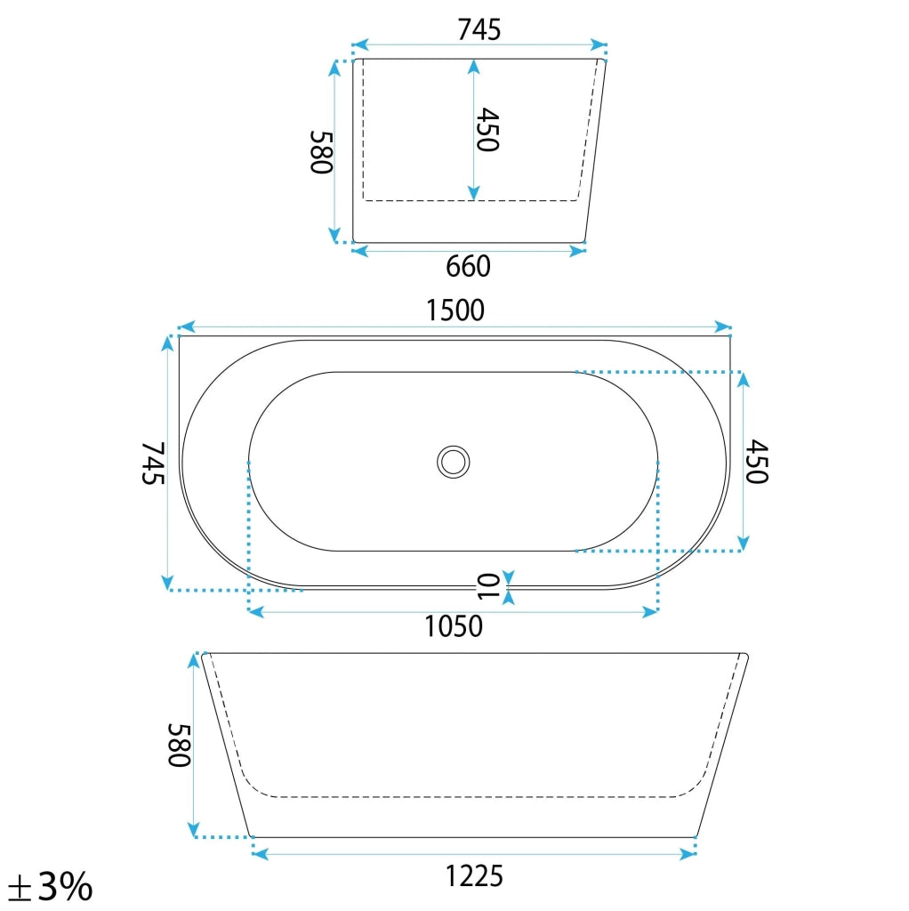 Vasca Bagno A Parete Capri Slim 150cm Copritappo nero
