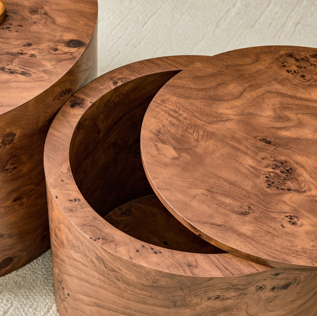 Set di 2 tavolini da caffè rotondi effetto legno in MDF con vano contenitore