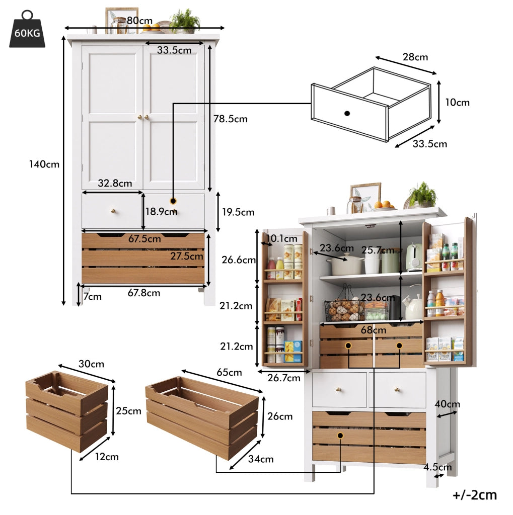 Credenza 80x40x140 cm con 5 cassetti; doppie ante e sicurezza antiribaltamento in MDF e PB bianco
