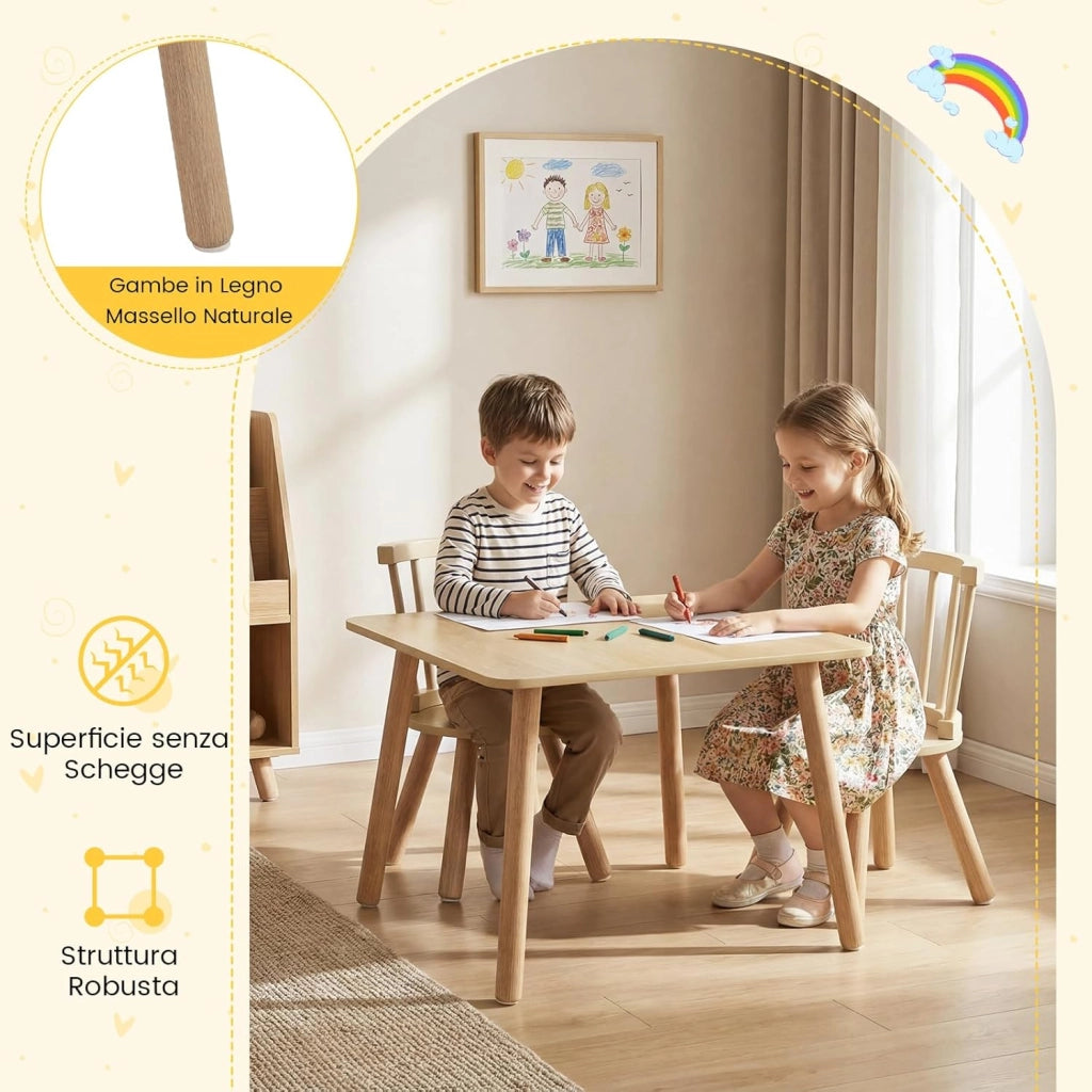 Set Tavolo e 2 Sedie per Bambini, Tavolo Attività con Schienali a Spindola Curvi, Sedute Rotonde e Gambe in Legno Massello, Tavolino per Bambini 3+ Anni per Disegno, Gioco e Studio (Naturale)