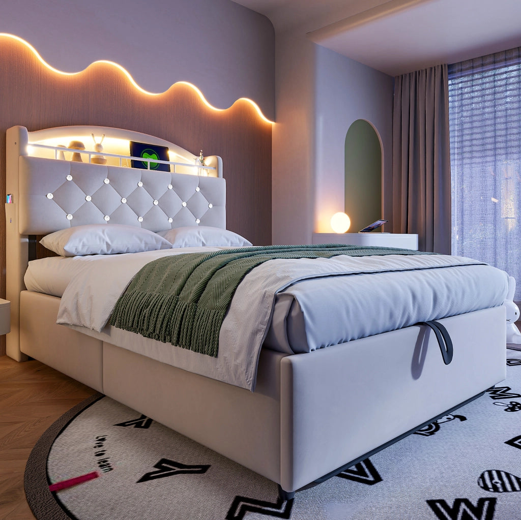 Letto singolo imbottito ULEVR 90x200 cm con contenitore a gas, LED, USB e Type-C, velluto beige