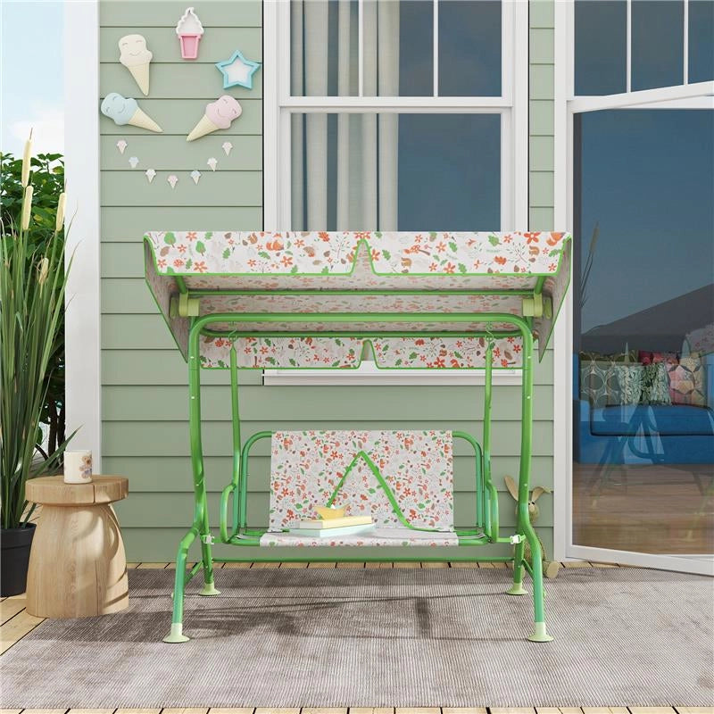 DONDOLO PER BAMBINI DA ESTERNO A 2 POSTI CON TETTUCCIO REGOLABILE E CINTURE DI SICUREZZA 112X75X120 CM VERDE