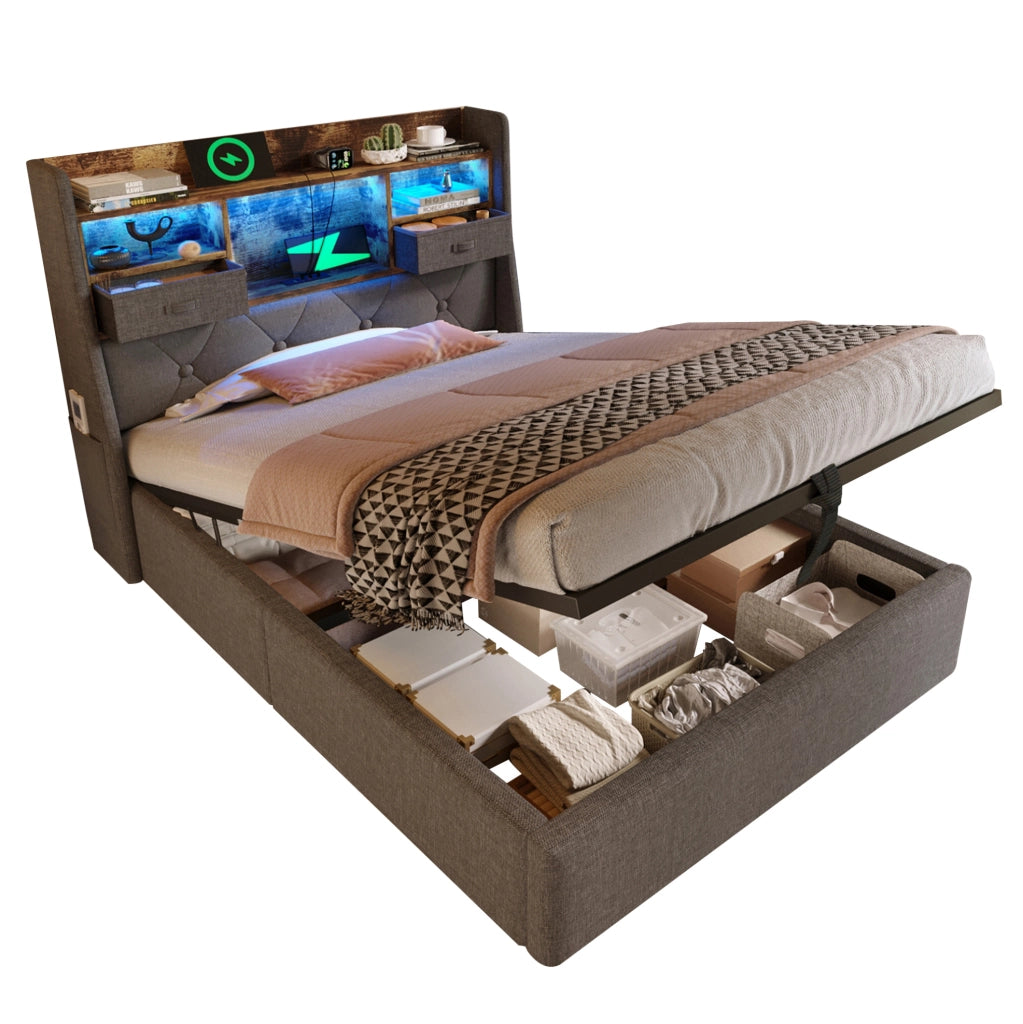 Letto imbottito 90x200 cm in lino grigio con contenitore idraulico; testiera LED e porte USB