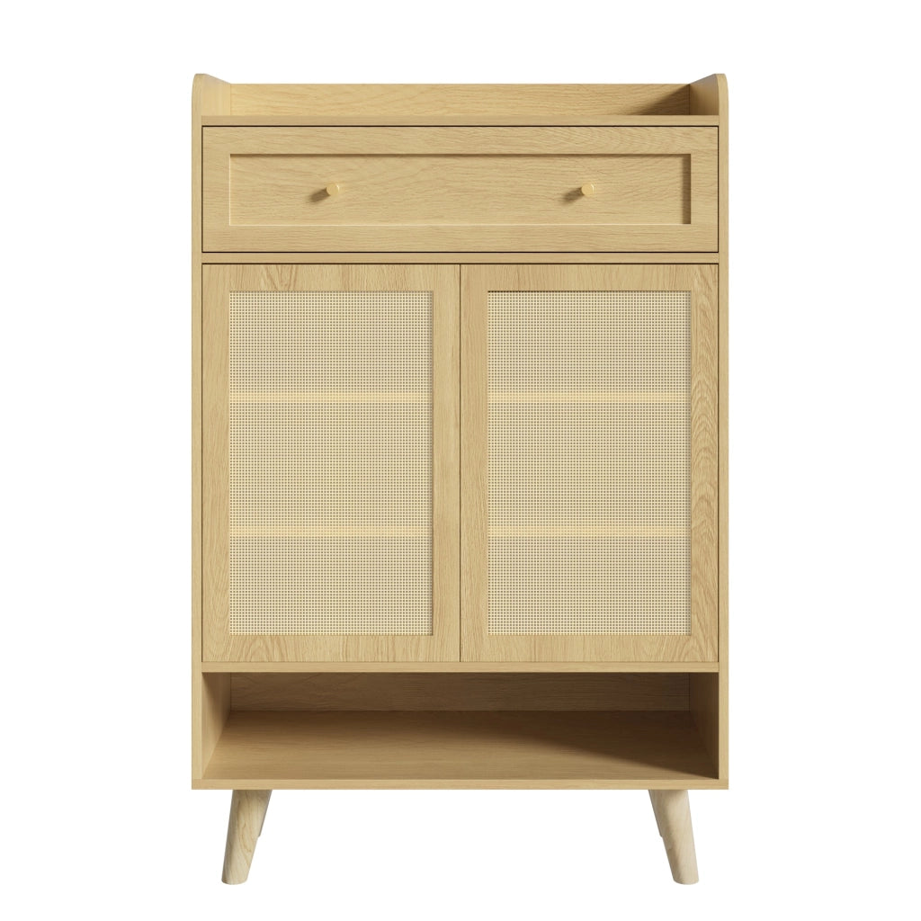 Scarpiera, mobile da ingresso, ante in vimini, 4 ripiani, con cassetti, 80 x 105 x 35 cm, color legno naturale