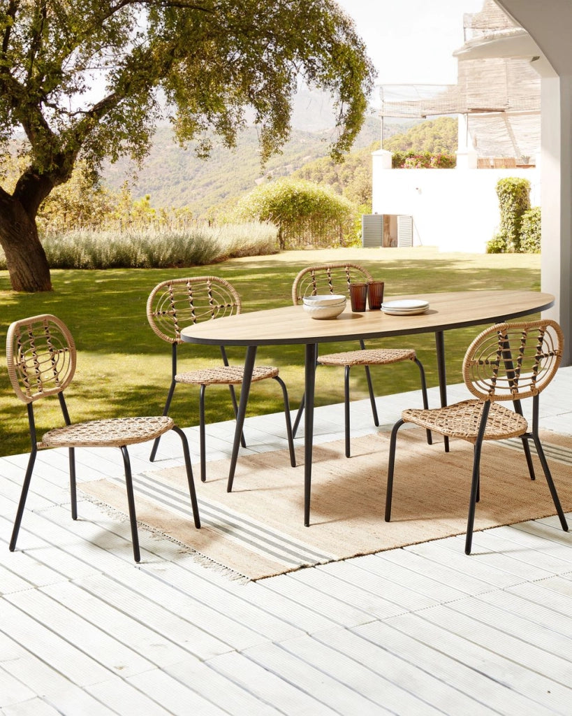 Set di 4 sedie in rattan con cuscino di seduta naturale intrecciato interni ed esterni stile boho