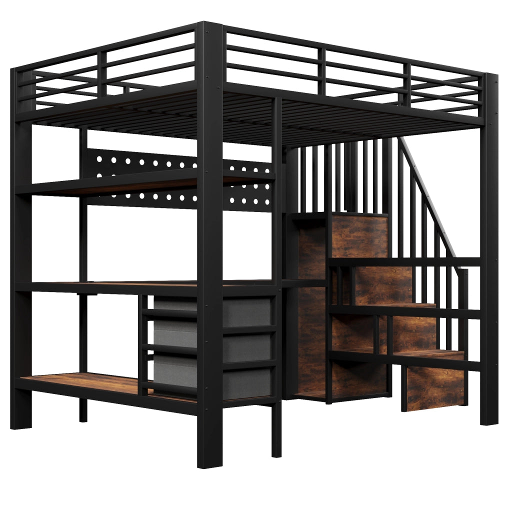 Letto a soppalco matrimoniale 140×200 cm con 3 cassetti; tavolo; LED e presa; senza materasso; metallo e mdf; nero
