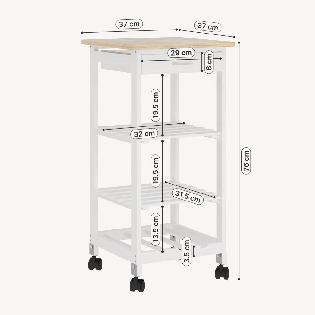 Carrello Portaoggetti Biel con Cassetto 3 Ripiani e Griglia Portabottiglie 76x37x37 cm - Bianco / Effetto Legno [en.casa]