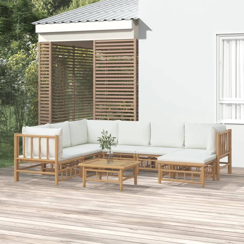 Set Salotto da Giardino 8pz con Cuscini Bianco Crema in Bambù 3155191