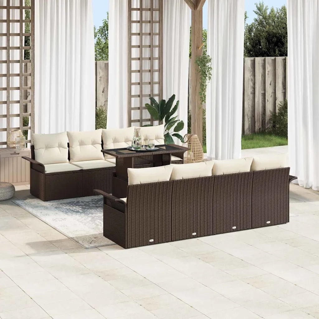 Set Divano da Giardino con cuscino 9 pcs Marrone Poly Rattan