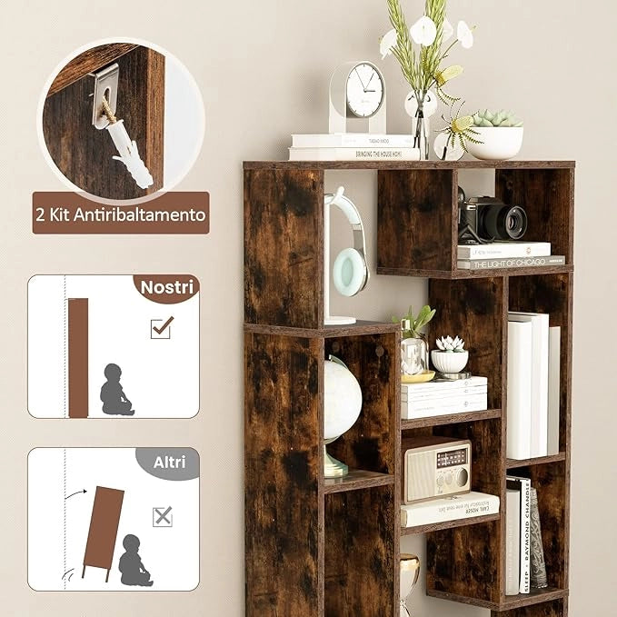 Libreria Geometrica 120 cm, Scaffale per Libri con Ripiani Aperti, Scaffale da Esposizione Moderno con Kit Anti-ribaltamento, Ideale per Casa Ufficio o Soggiorno (Marrone)