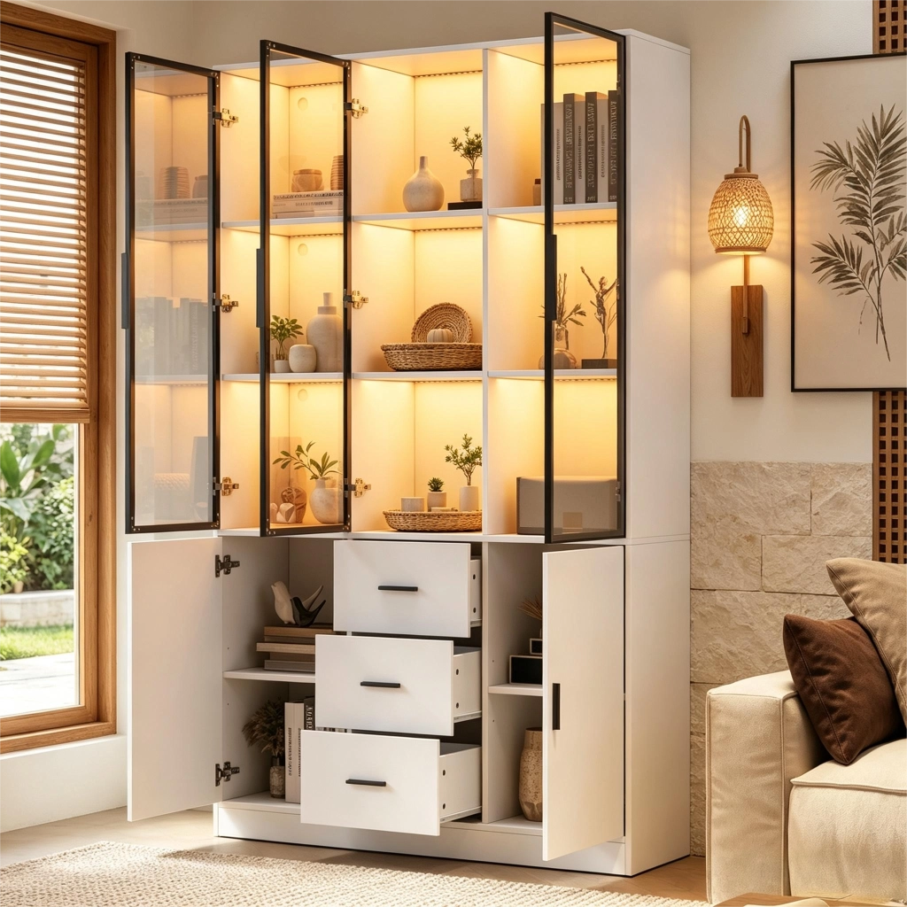 Vetrina con 5 ante; 3 cassetti; LED RGB e ripiani regolabili per soggiorno - 120×30×200 cm - bianco