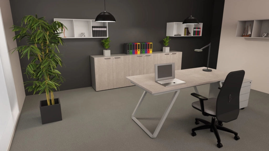 Contenitore basso per archiviazione con ante battenti in melaminico e struttura grigia cm. 180x43x87h