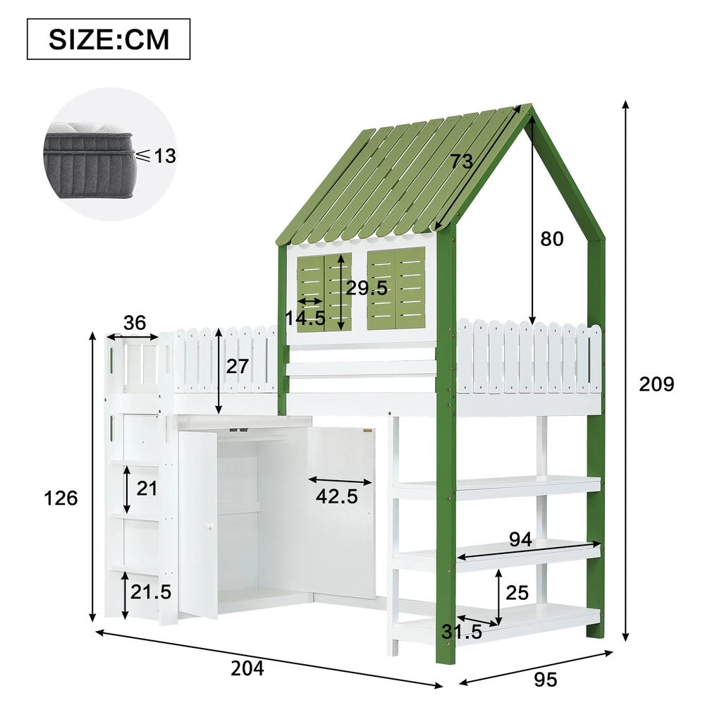 Letto a Soppalco per Bambini con Armadio, Rete a Doghe e Scala ¨C MINIMAL ¨C Pino/MDF, Bianco e Verde, 90x200
