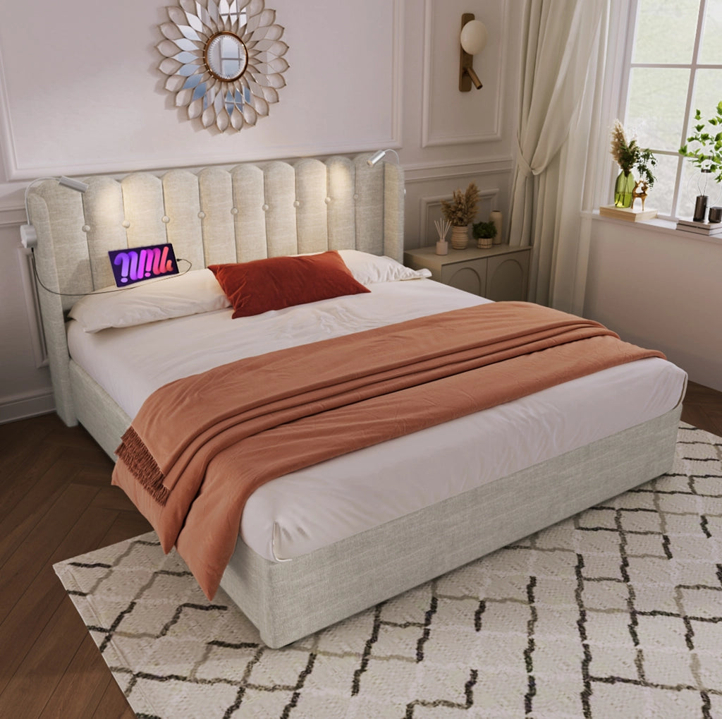 Letto matrimoniale 160x200 cm in tessuto lino naturale con lampada da lettura; USB e contenitore