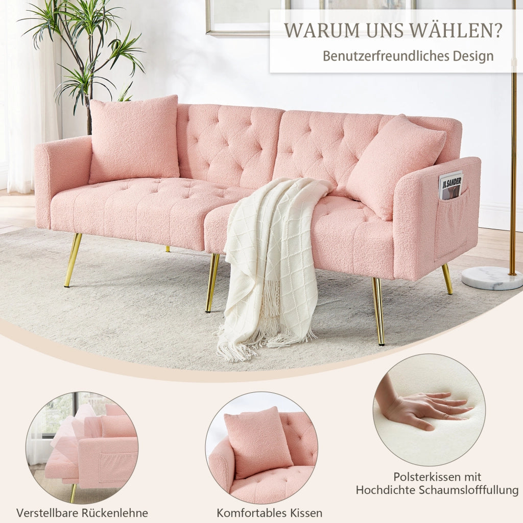 Scaffale con schienale regolabile a 3 livelli, 2 cuscini, gambe in metallo, in teddy, rosa