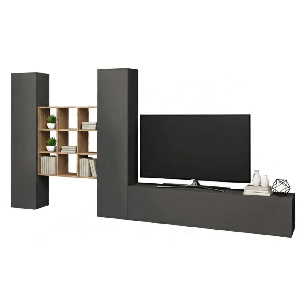 Parete attrezzata Genoveffa, Set salotto porta TV a 3 ante, Mobile soggiorno multiuso, 100% Made in Italy, cm 270x30h180, Antracite e Acero
