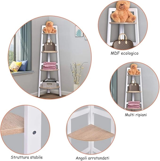 Mobile ad Angolo, Scaffale Angolare a Ripiani in MDF Ecologico per Soggiorno Bagno Studio, Bianco (4 Ripiani)