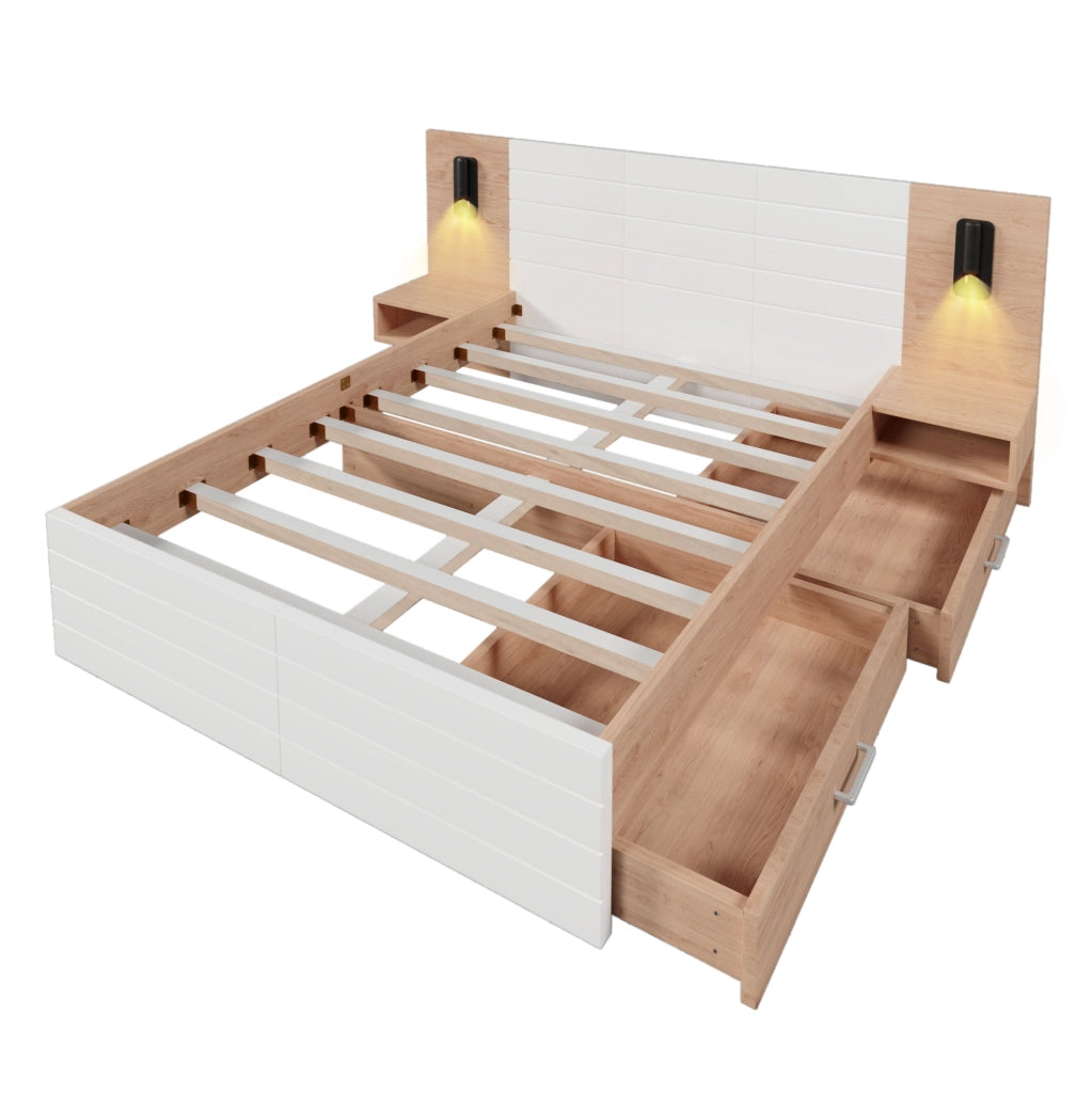 Letto matrimoniale 160x200 cm con lampada da lettura; USB; 2 cassetti; bianco e rovere chiaro; con materasso