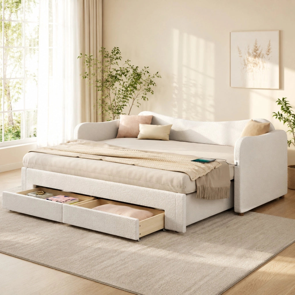 Letto imbottito estraibile 90x200 cm con cassetti; USB e Type-C; beige bouclé
