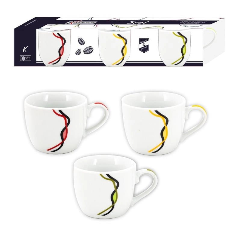 Set 3 Tazze Tazzine in Ceramica Caffè Color Spot Giallo Rosso e Verde