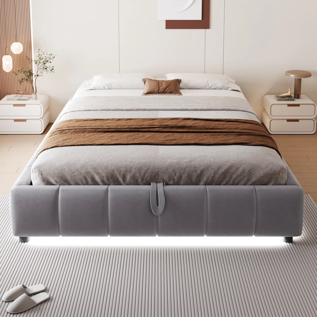 Letto singolo 140×200 cm contenitore con LED e sollevamento idraulico; senza materasso; flanella; grigio
