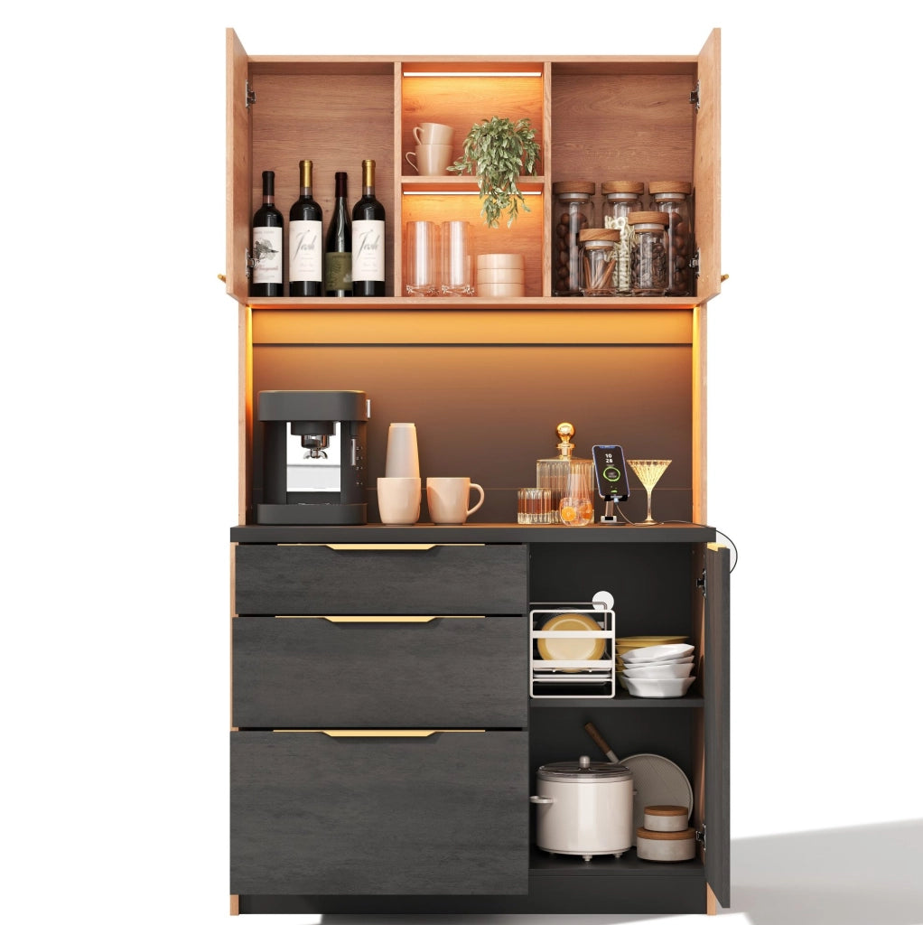Mobile cucina alto moderno 100 x 40 x 180 cm in MDF; finitura effetto cemento e legno; nero