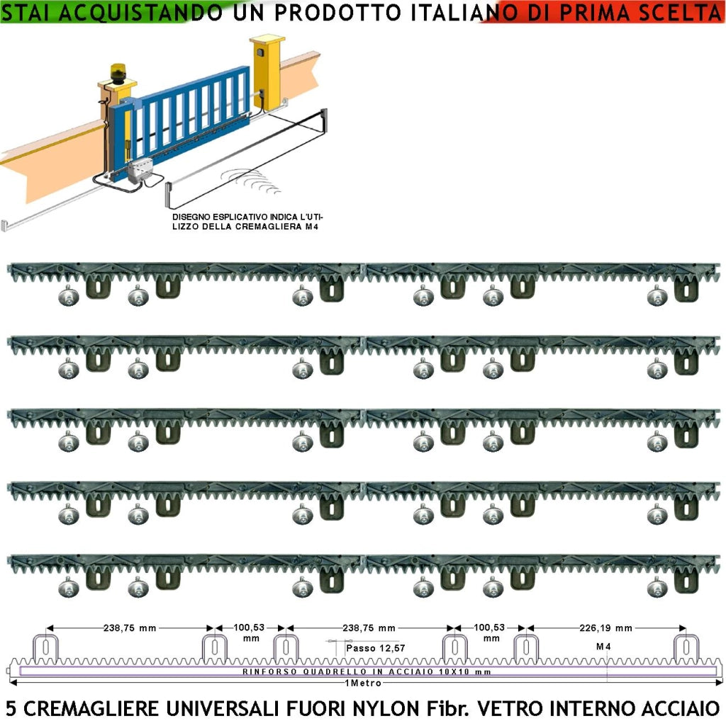Asta Cremagliera M4 Antiusura Universale 5 Pezzi da 1 Metro in Nylon Antirumore Interno Acciaio Portata Garantita 6 Q.li Max 10 Q.li 6 Bulloni X Metro Ricambio Cancello Scorrevole Giunture a Incastro
