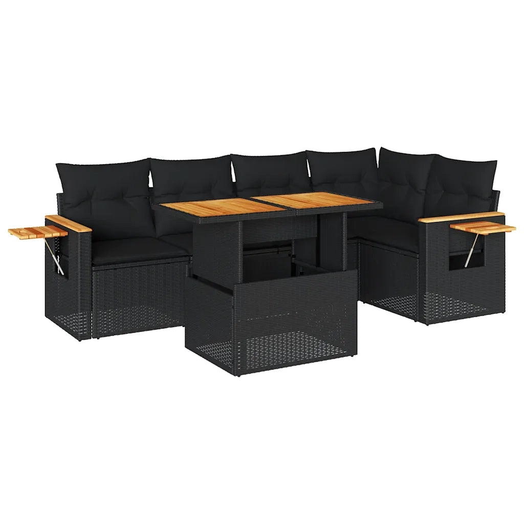 Set Divano da Giardino 6 pz con Cuscini Nero Polyrattan Acacia