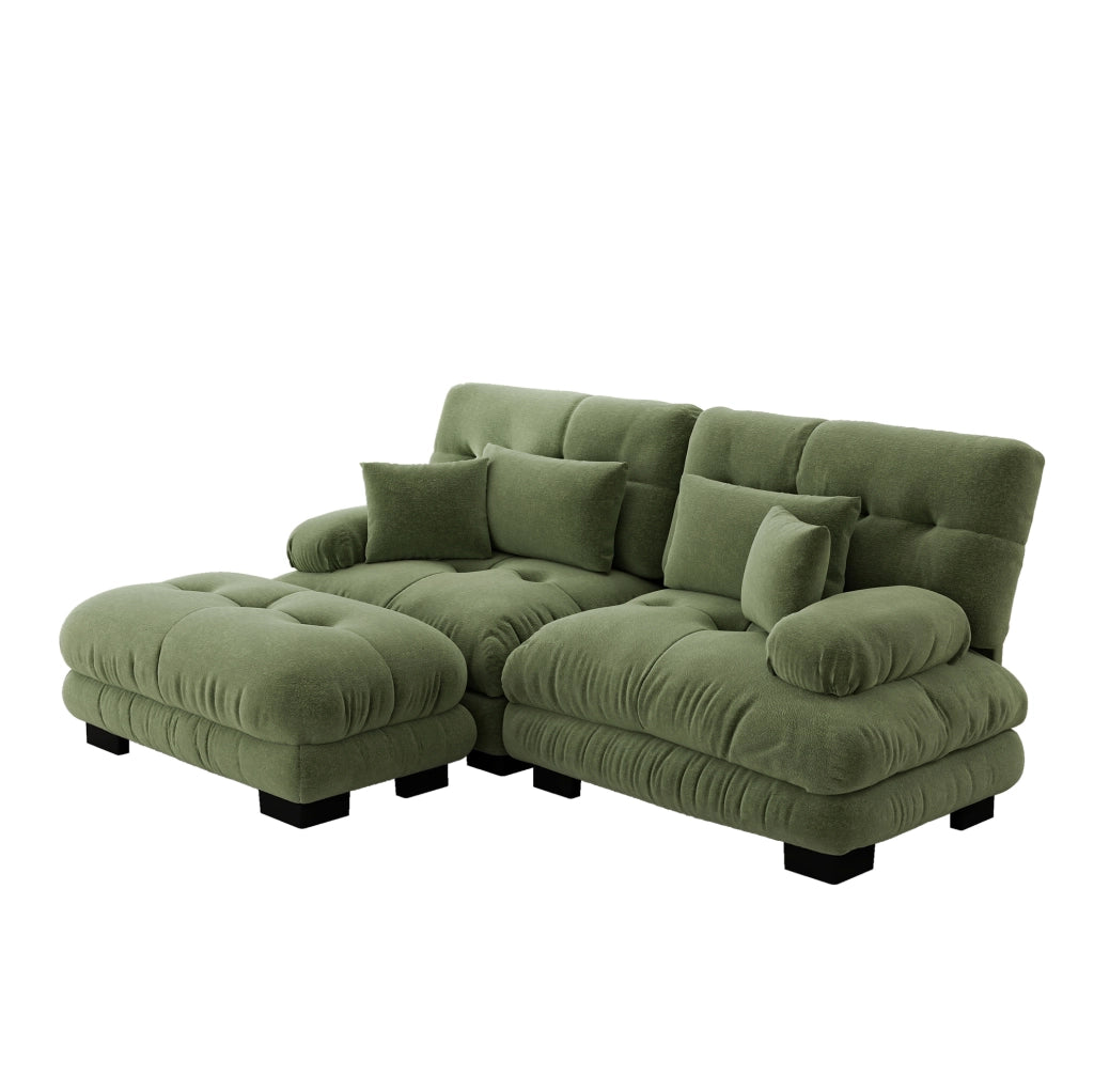 Divano modulare in ciniglia verde con pouf mobili e cuscini HOMVRA