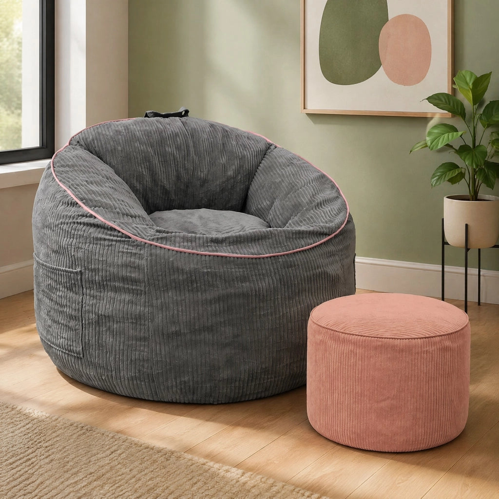 Poltrona pouf con poggiapiedi e tasca laterale - in flanella - grigio
