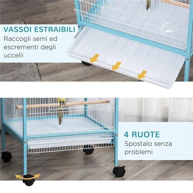 GABBIA PER UCCELLI 2 IN 1 VOLIERA DA INTERNI CON 4 RUOTE E VASSOI ESTRAIBILI, 51.5X50X140CM