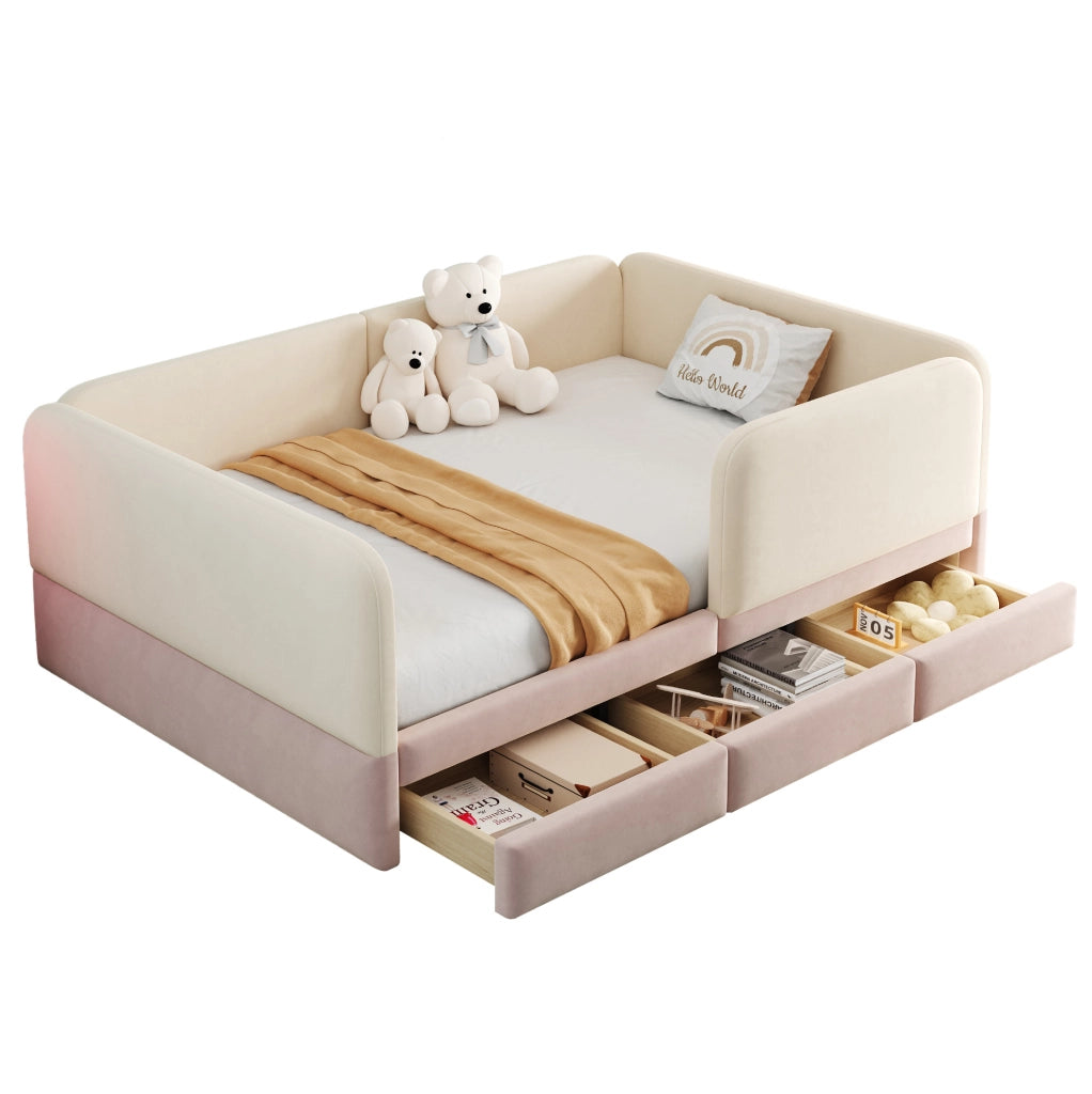 Letto imbottito per bambini 140x200 cm con protezione perimetrale e 3 cassetti