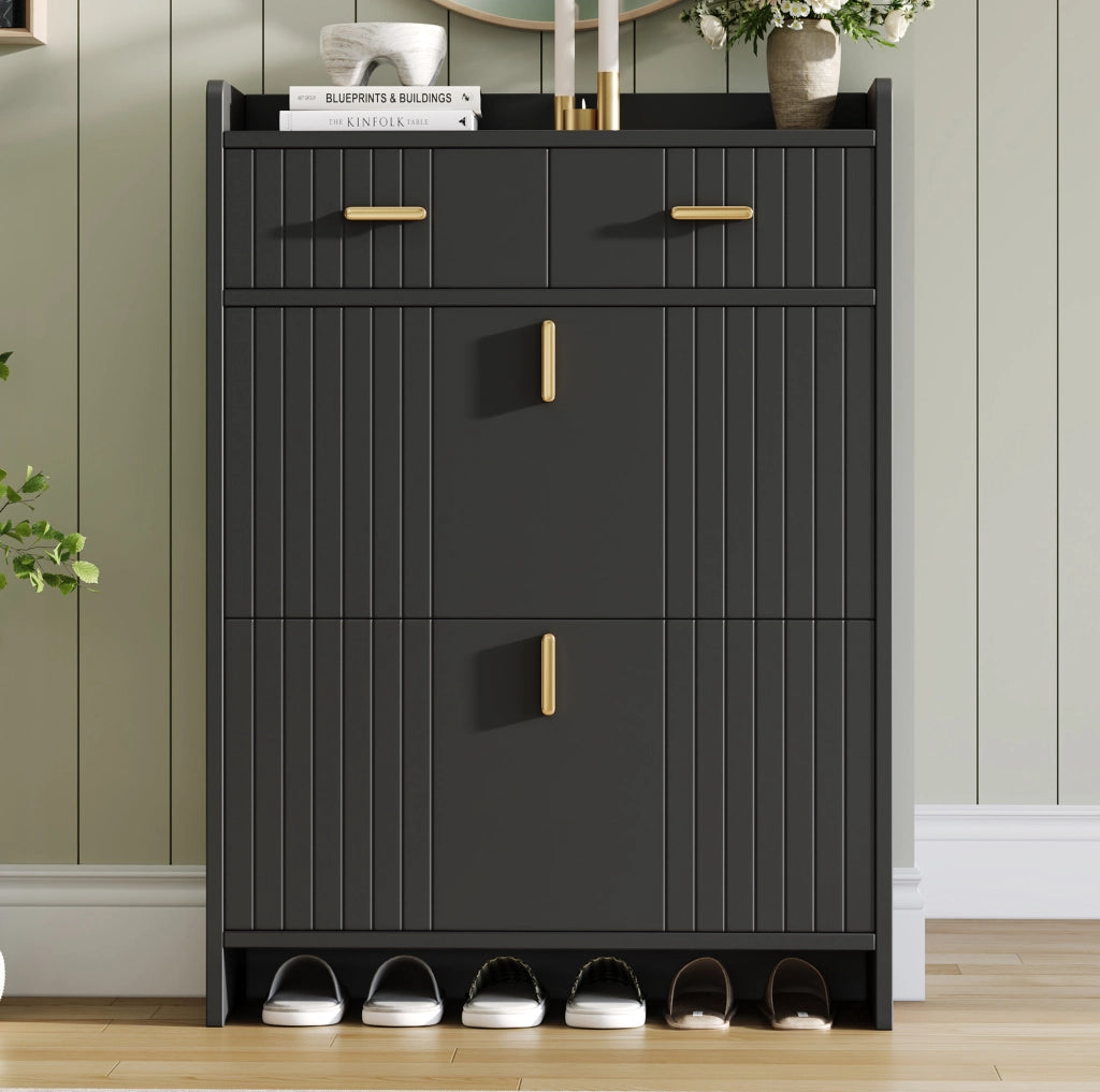 Scarpiera a ribalta 75x24x108，5 cm nera， ingresso， 2 cassetti