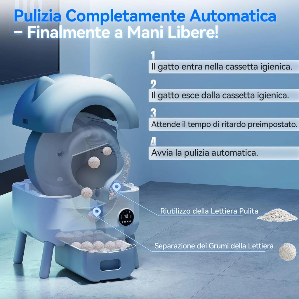 lettiera automatica per gatti, upgrade grande capacità, lettiera autopulente elettrica con controllo APP, adatta per gatti fino a 12 kg, include cat litter gatto con LED 6 colori.