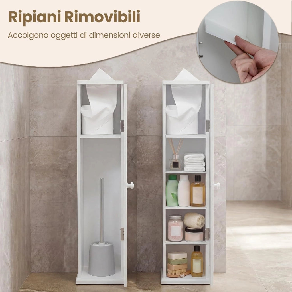Mobiletto da Bagno a 5 livelli, Armadietto a Colonna Salvaspazio con Ripiani Rimovibili, Uscita per Carta Igienica e 2 Dispositivi Anti-ribaltamento per Ingresso, 16 x 16 x 69 cm (2)