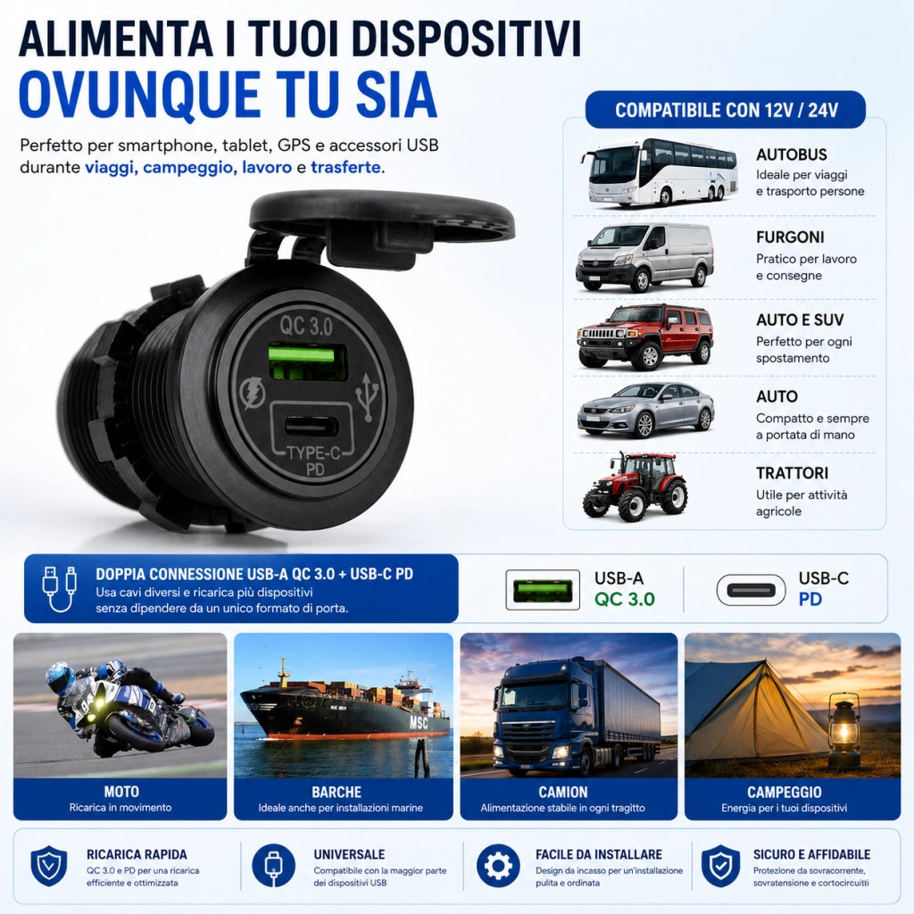 Caricabatterie USB-A QC 3.0 + USB-C PD 12V/24V da Incasso 15,8W 15816