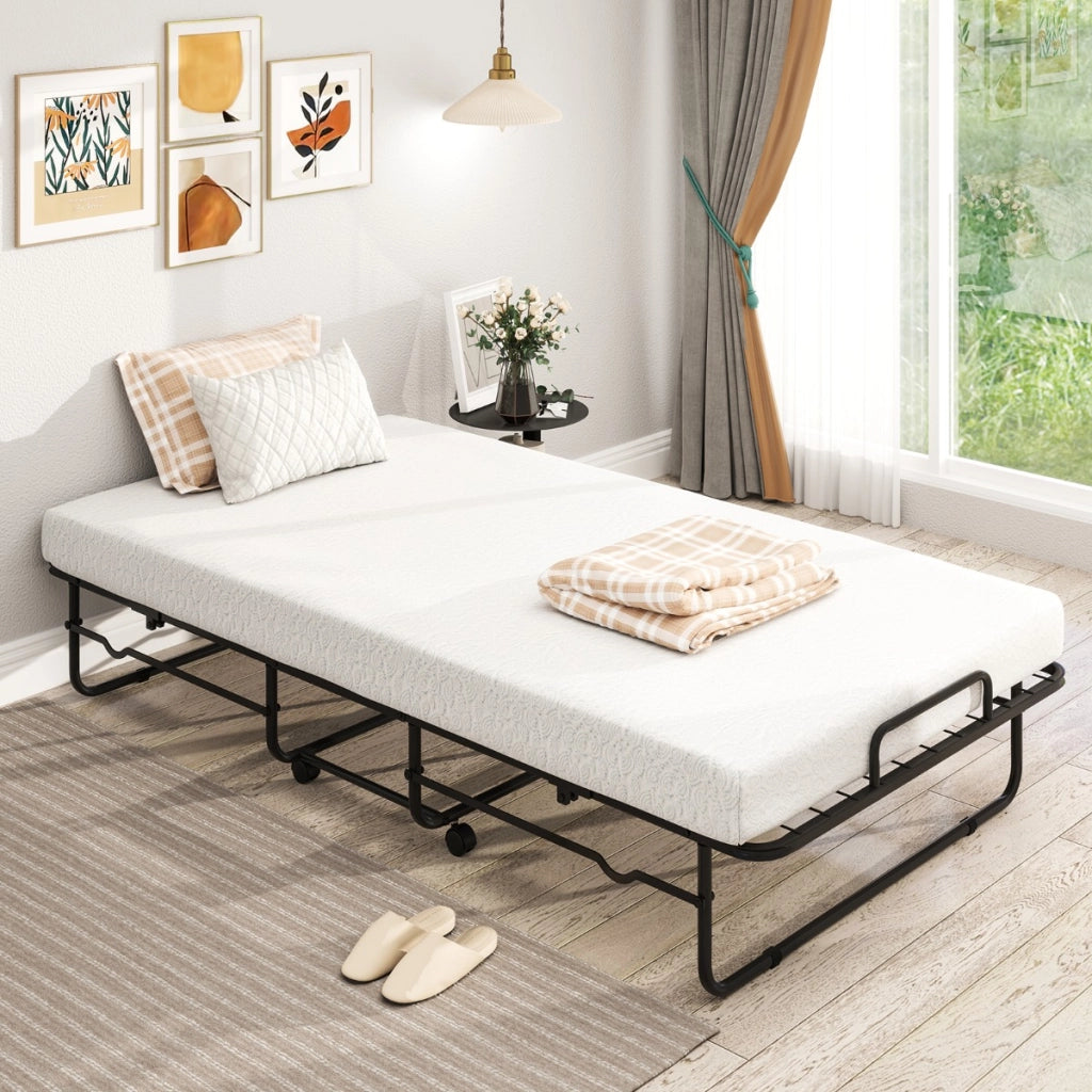 Letto pieghevole con materasso e struttura in metallo-Letto singolo portatile con ruote bloccare per ospiti