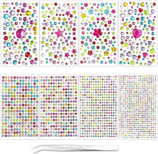 Pietre di Glitter Colorate Autoadesive 8 Fogli con Pietre di Glitter per Sticker per Facce con Diamanti Autoadesivi con 1 Pinza per Artigianato per DIY - 2076 Pezzi