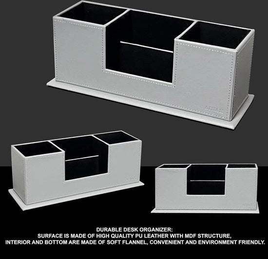 Organizzatore di scrivania, materiale PU, contenitore per penne, contenitore per penne, organizzatore di scrivania (4 cassette) per biglietti da visita, telecomandi, smartphone, cosmetici ecc. (grigio)