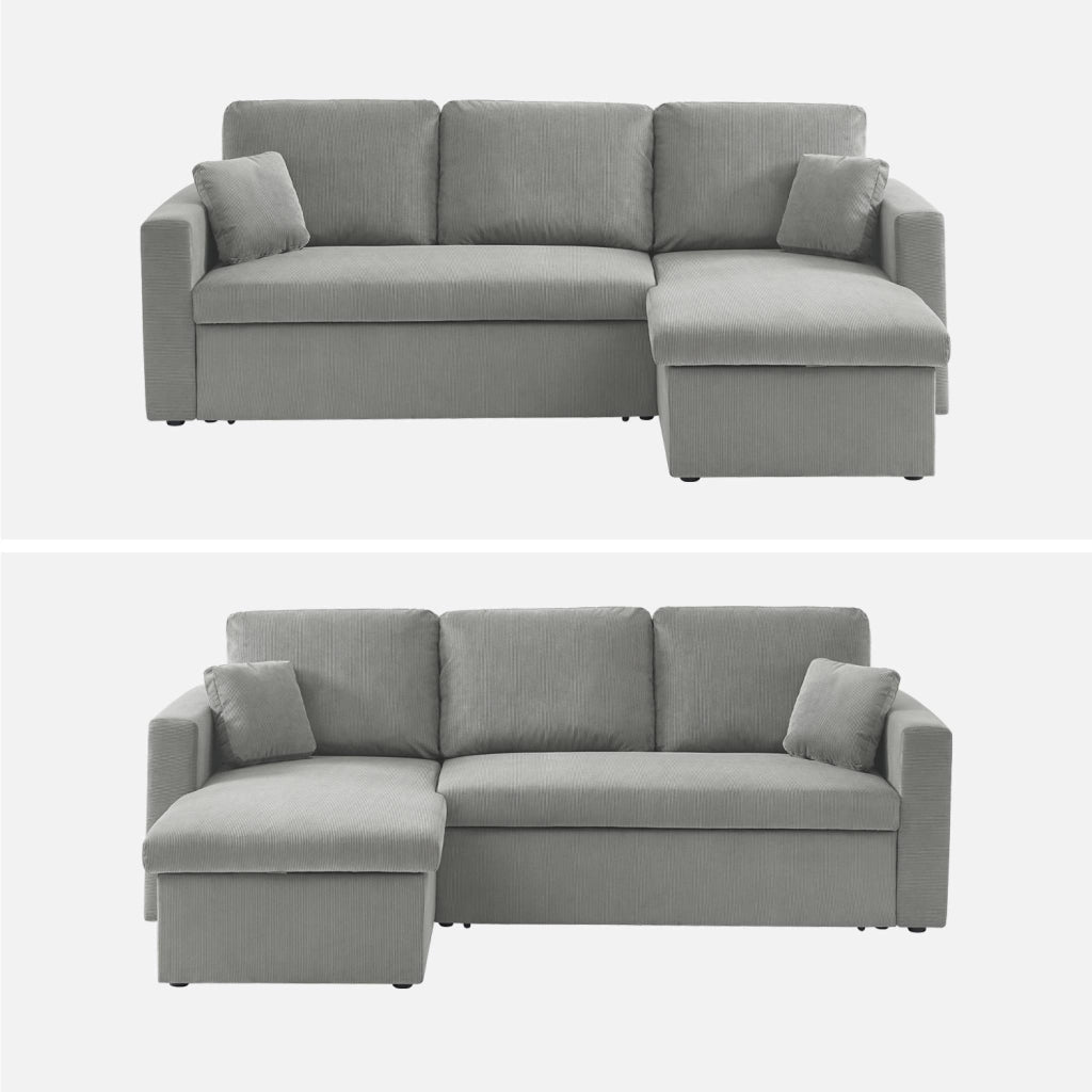 Divano letto angolare reversibile in velluto a coste, 3 posti, grigio