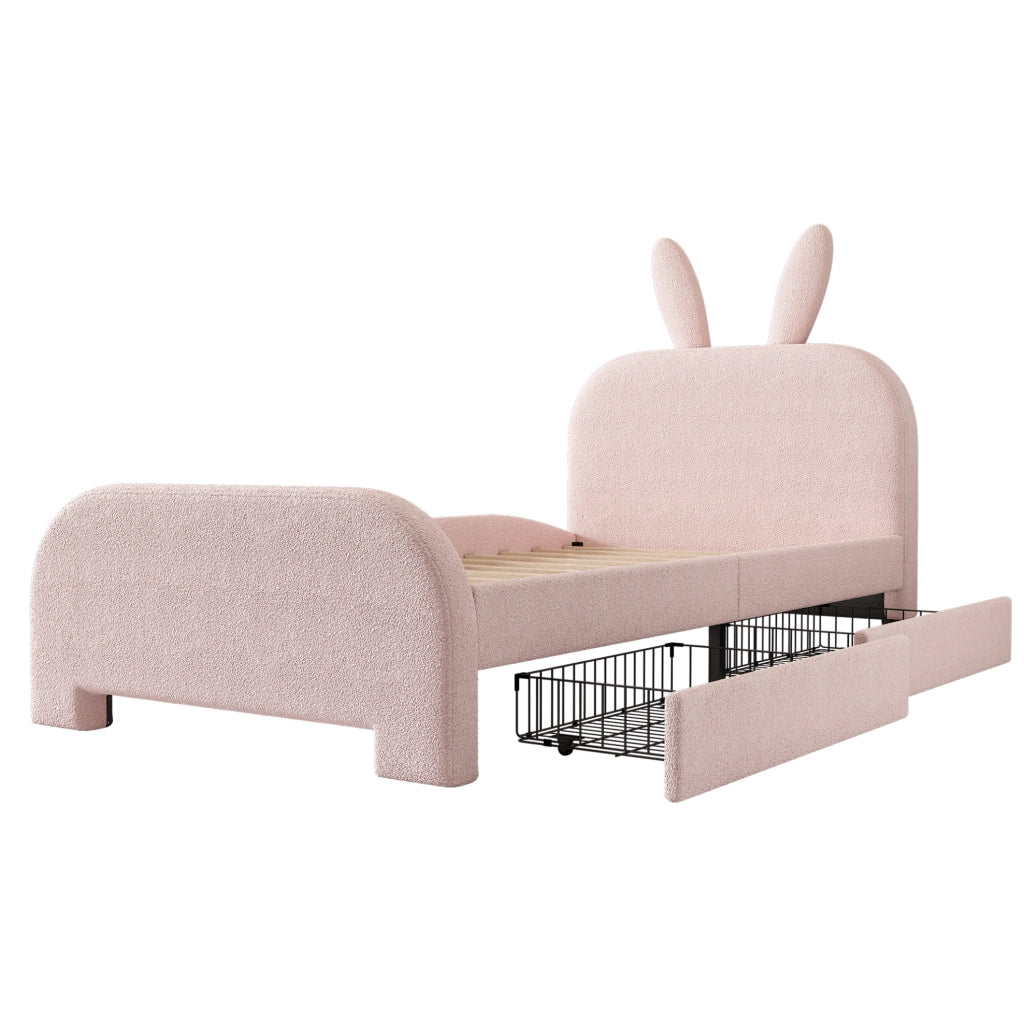 Letto 90x200 cm con 2 cassetti; testiera a coniglio; MDF e tessuto peluche rosa