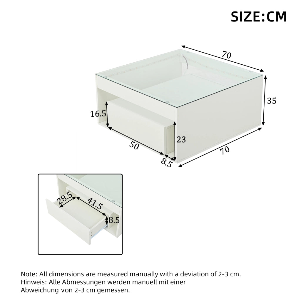 Tavolino da caff¨¨ 70 x 70 x 35 cm in MDF bianco con piano in vetro temperato, 2 cassetti, LED e portata 60 kg