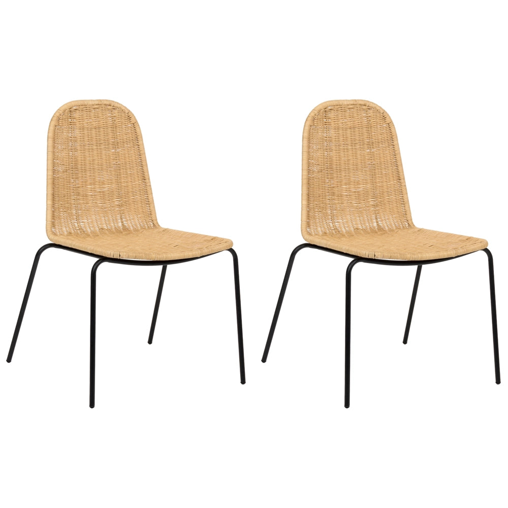Set di 2 sedie da pranzo con seduta e schienale in rattan naturale e gambe in ferro, senza braccioli, in stile industriale boho