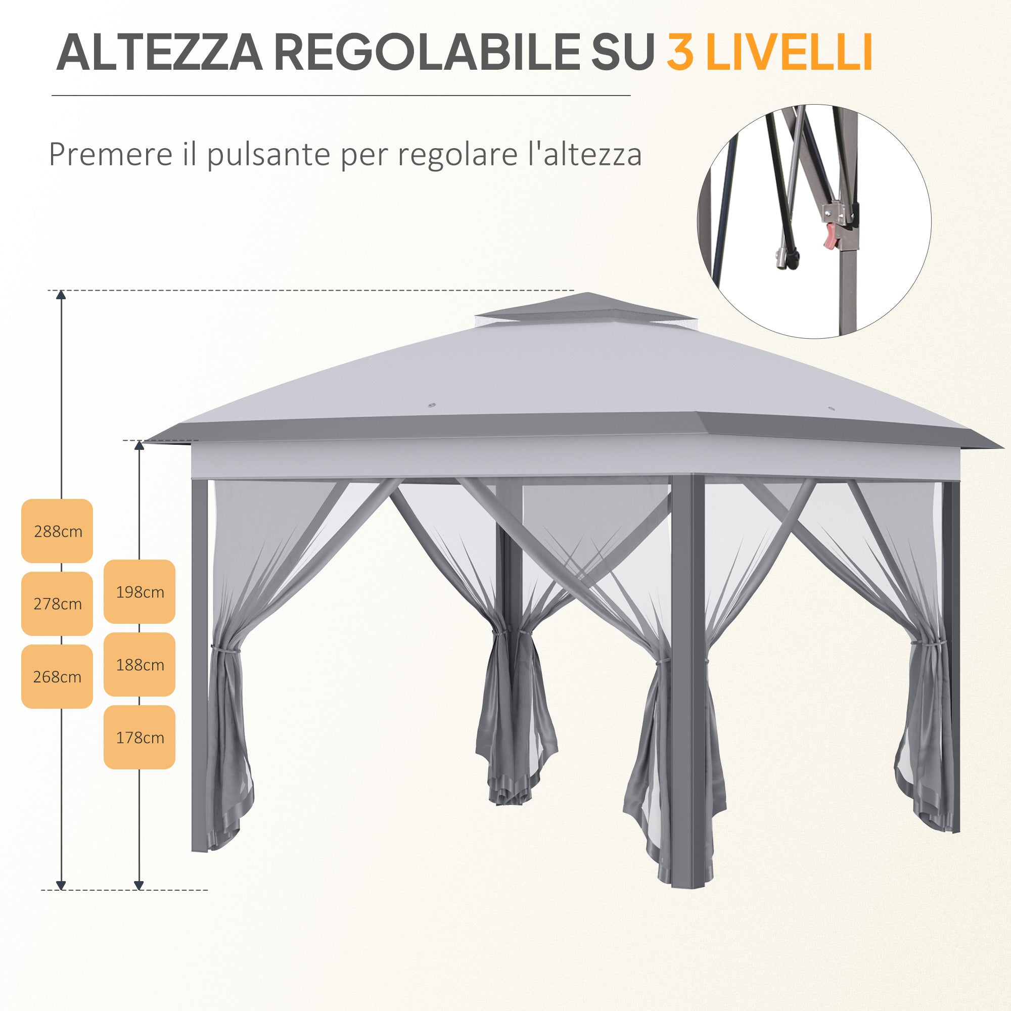Gazebo da Esterno 330x330x280 cm Pieghevole ad Altezza Regolabile con Zanzariere Grigio