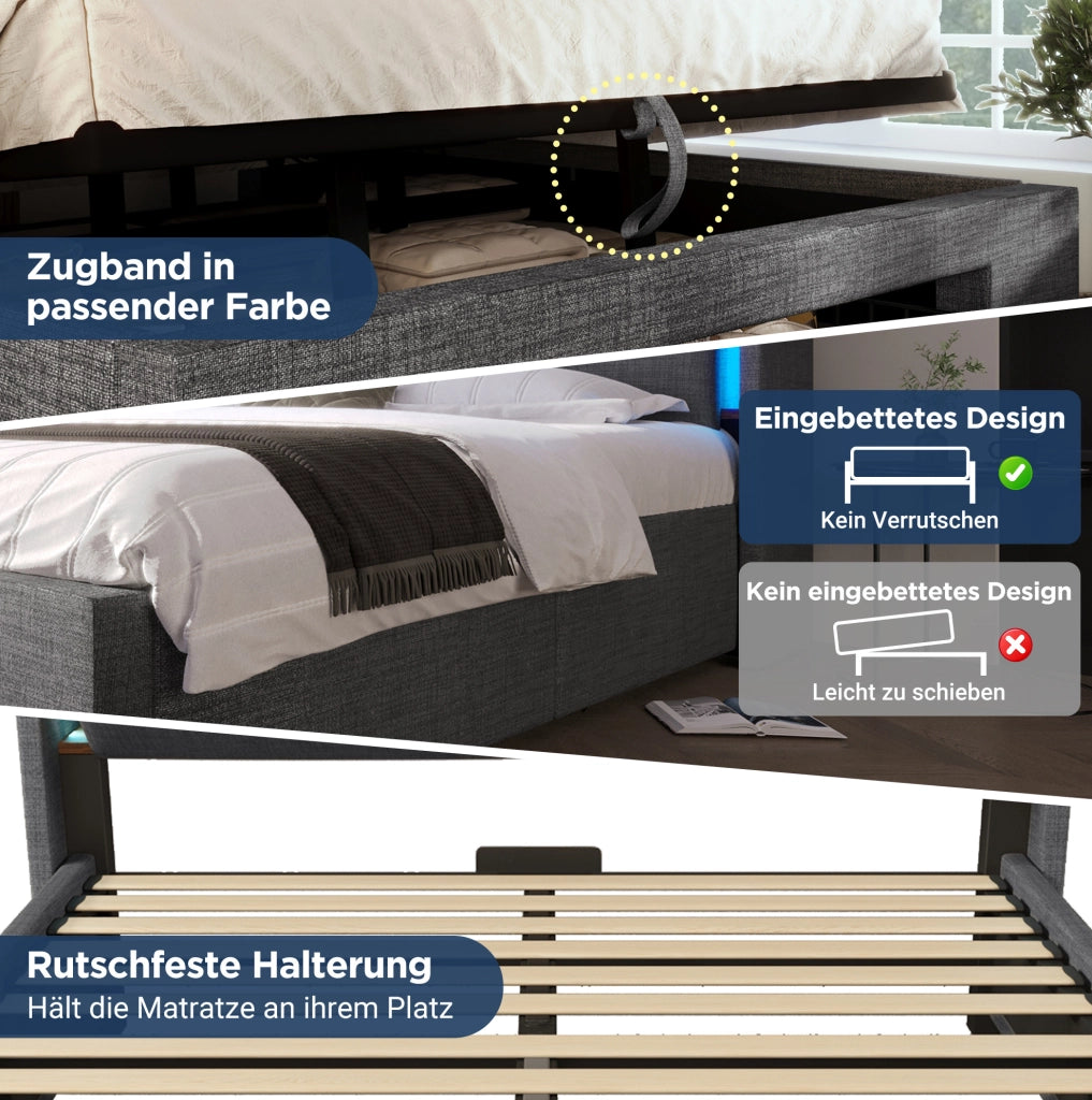 Letto imbottito grigio 160x200 cm con contenitore, testiera con ricarica e LED