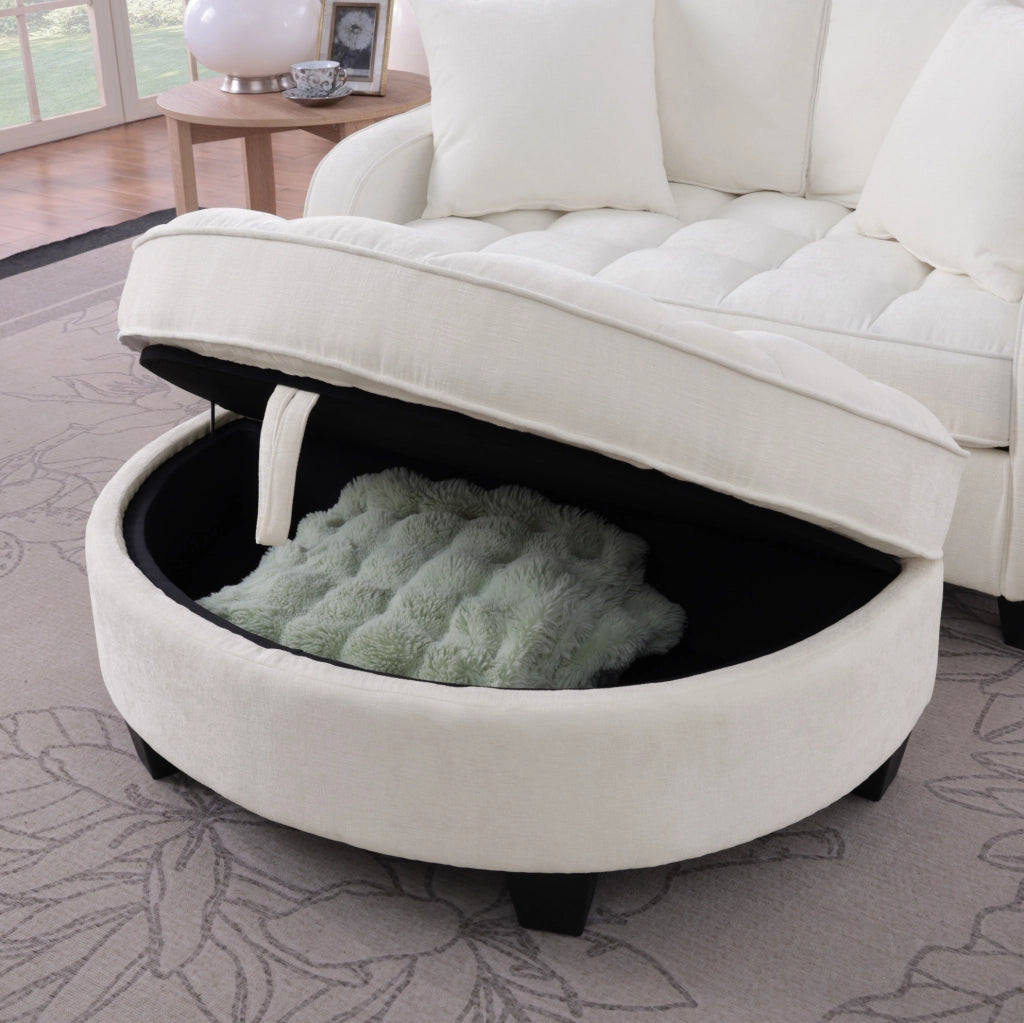 Divano letto 132x129x93 cm 2 in 1 con pouf contenitore in legno di eucalipto beige