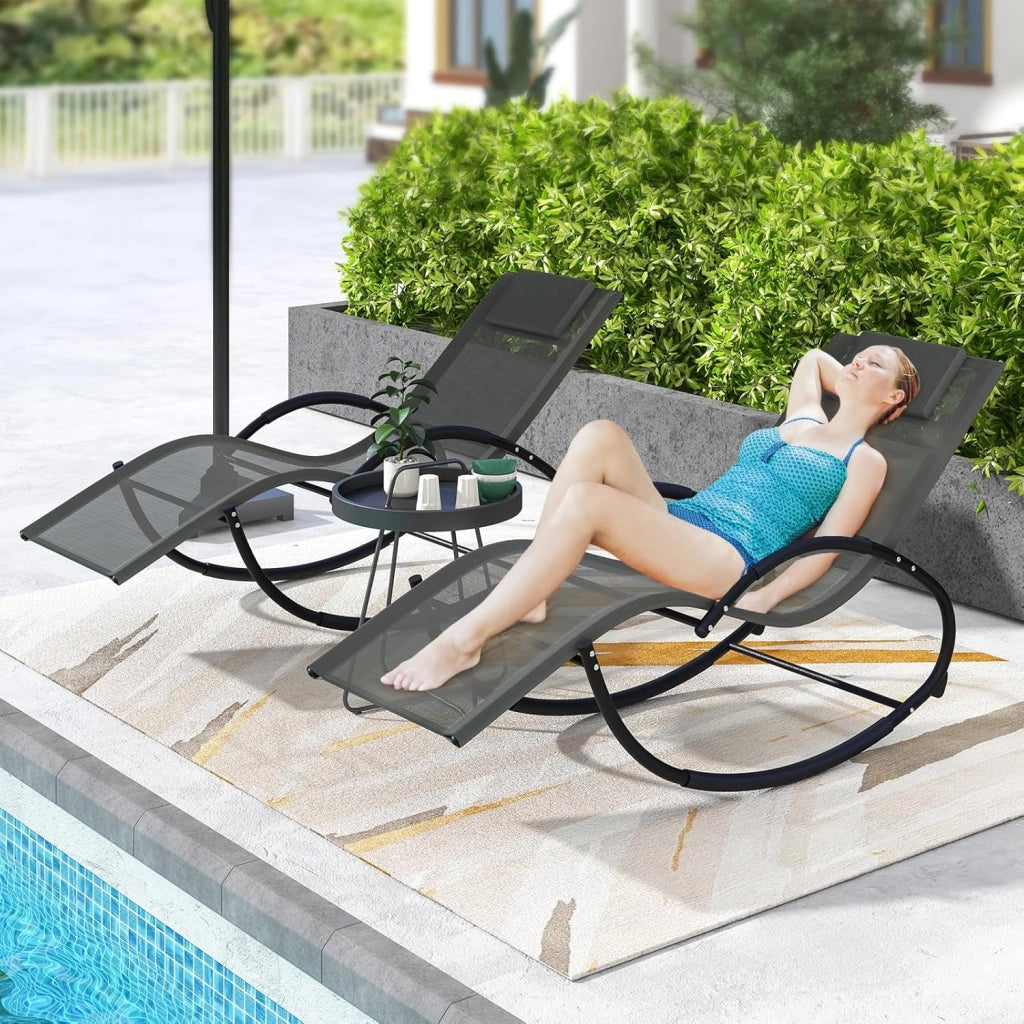 Sdraio a Dondolo da Giardino, Sedia a Dondolo Gravità Zero con Poggiatesta Rimovibile, Braccioli, Schienale e Seduta Traspiranti, Sdraio Solare per Patio, Giardino, Portata 160 kg (Grigio)